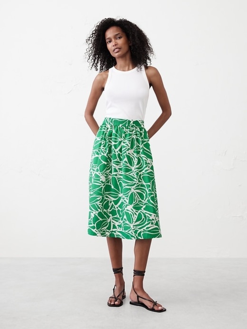 Banana Republic Green and White Botanical Midi Skirt with Pockets - NWOT size M